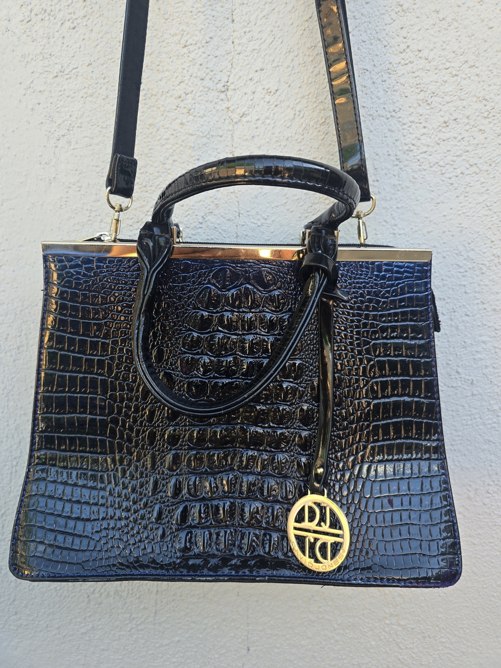 Black Blue Iridiscent Crocodrile Shoulder Bag with Gold Charm - Picture 4 of 16